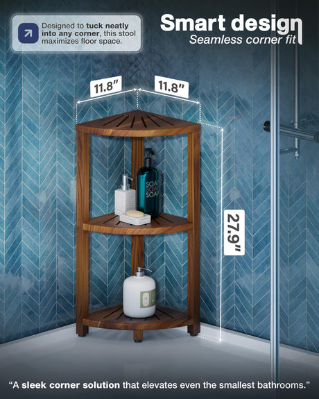 BLUEWEST 3-Tier Corner Shower Caddy Stand, Wood Shower Organizer Standing with Anti-Slip Feet, Waterproof & Durable Bathroom Corner Shelf, Space-Saving Design Storage for Kitchen or Living Room BLUEWEST