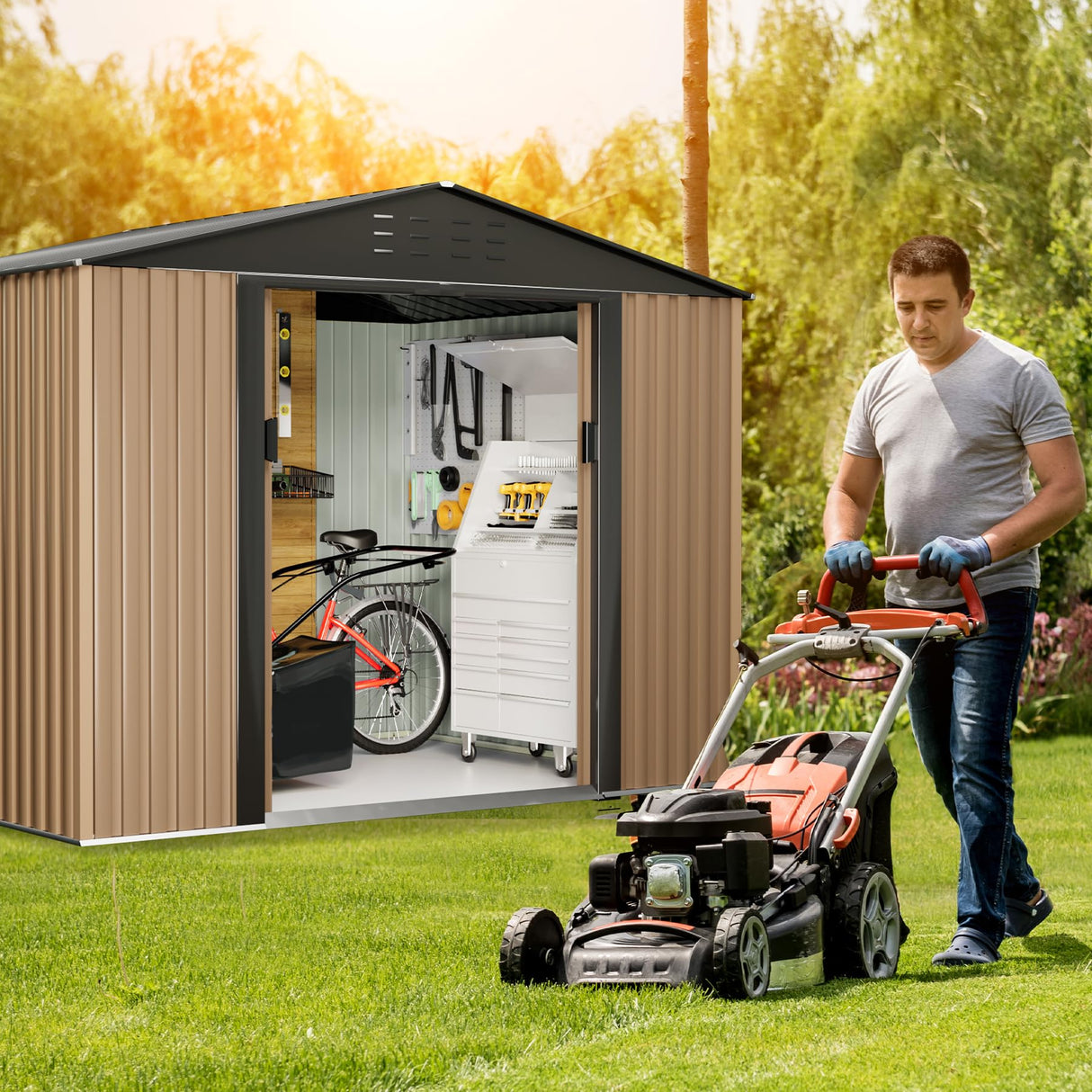 Outdoor Storage Shed, 8 x 6 FT Metal Storage Shed, Metal Garden Tool Shed with Roof, Door & Lock, Waterproof and Anti-UV, for Patio Garden Yard, Brown CuisinSmart