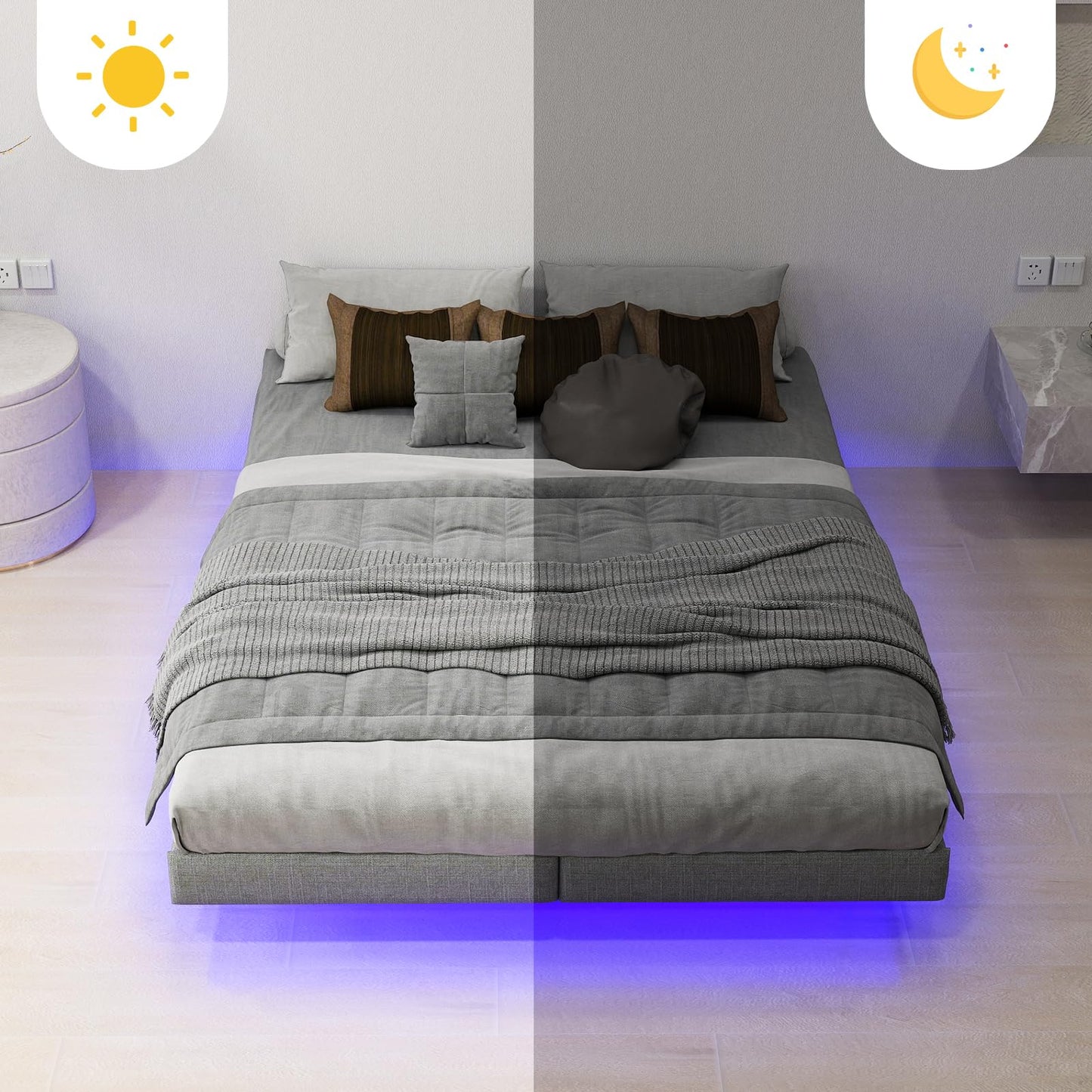 Anhave 10.6" High King Floating Bed Frame with LED Lights & Heavy-Duty Support - WoodArtSupply