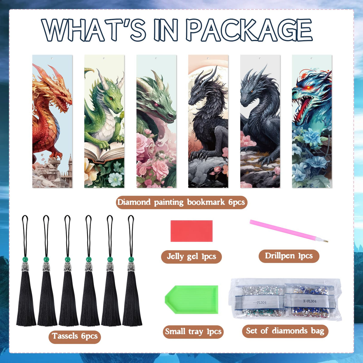 Sitsink Dragon Art Kits - 6 Pc Diamond Bookmarks with Tassels, Fantasy Creature Dragon Painting Kits for Adults Sitsink