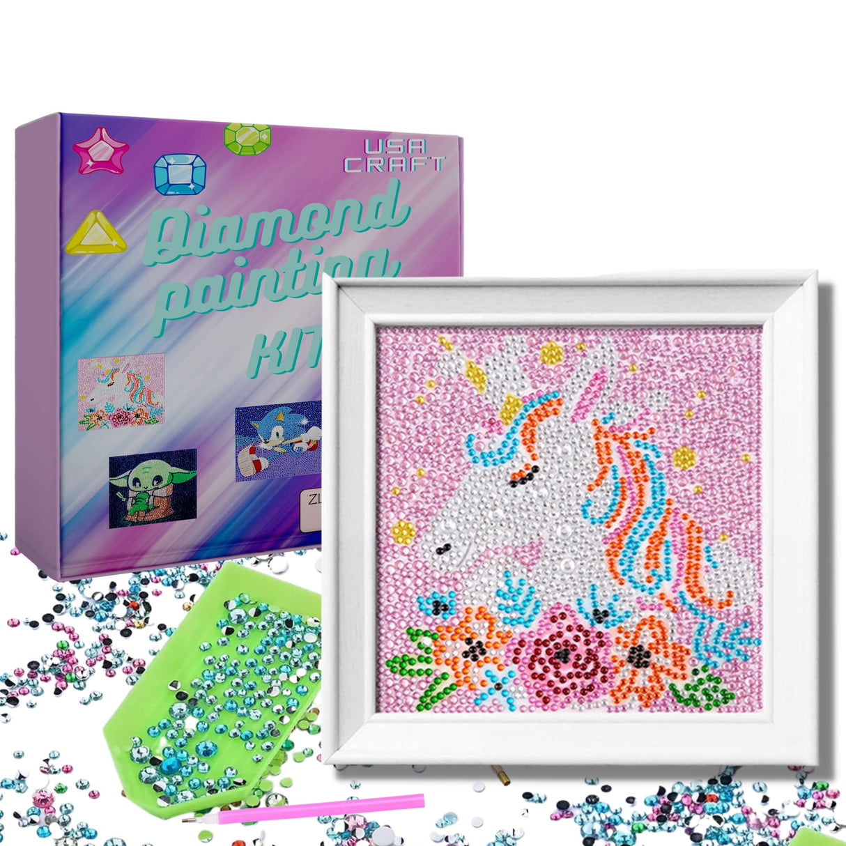 Cute Diamond Painting Kits Large 7x7 Natural Wooden Frame, Pre-Mounted Canvas, Sparkling Crystal Gems, Pen, Arts & Crafts Tray, Gum. Famous Characters, Unicorn USACRAFT