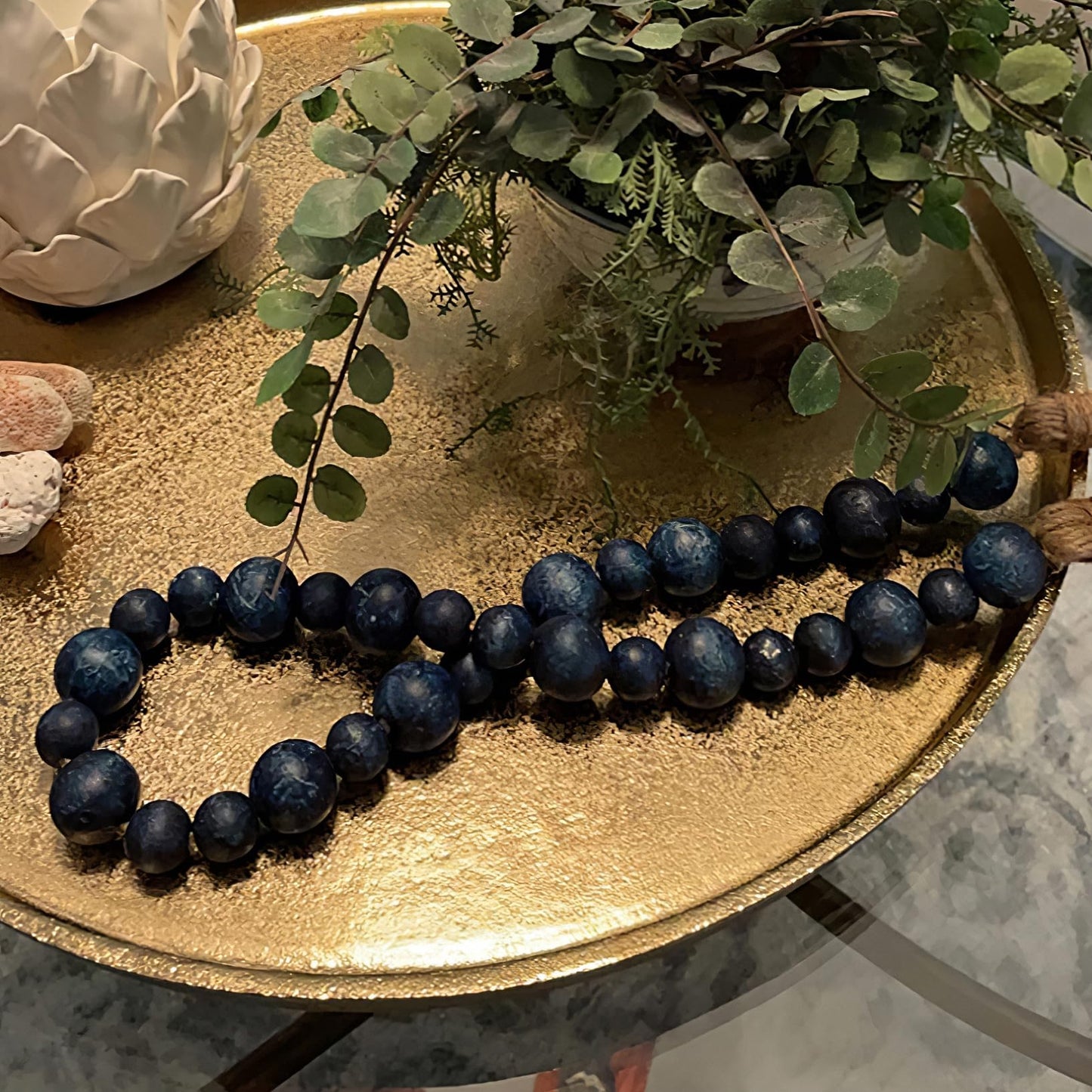 Handcrafted Farmhouse Wooden Decorative Beads Garland, Table Tray Boho Wood Beads with Tassel, Small Rustic Antique Decor for Home and Events (32" Rustic Blue)