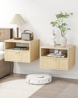Floating Nightstand Set of 2 - Fluted Night Stand with Charging Station Wood Wall Mounted Nightstand with Drawer & Open Shelf, Modern Bedside Table Large End Table for Bedroom Closet DEMEGA