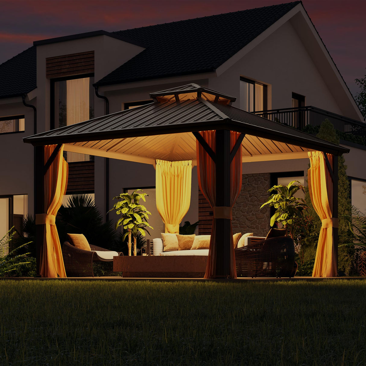 MELLCOM Hardtop Gazebo 10x10, Heavy Duty Galvanized Steel Double Roof with Stylish Vertical Stripes, Nettings and Curtains Included MELLCOM