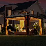 MELLCOM Hardtop Gazebo 10x10, Heavy Duty Galvanized Steel Double Roof with Stylish Vertical Stripes, Nettings and Curtains Included MELLCOM