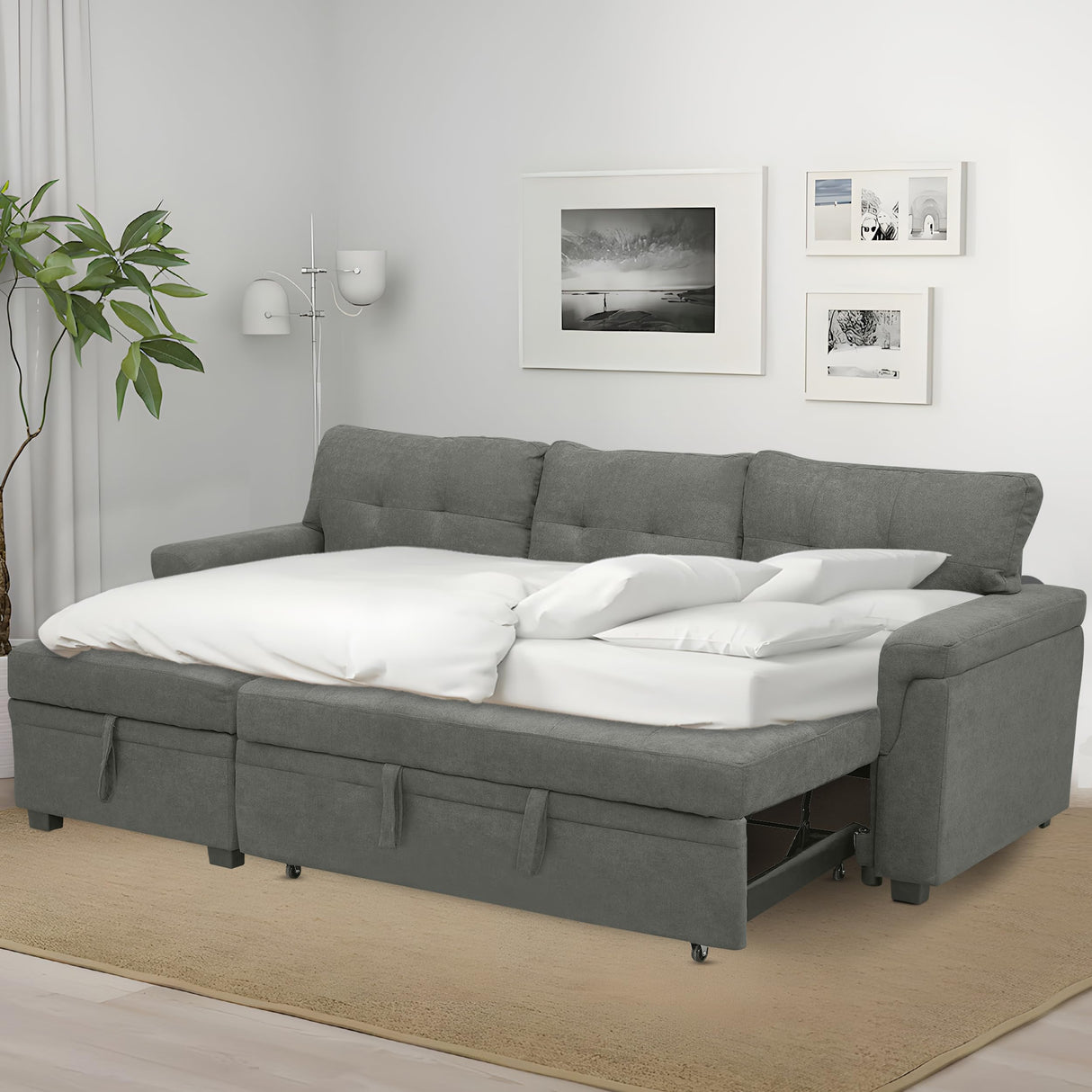 Naomi Home Transform Any Space: Sleeper Sectional Sofa with Convertible Sofa Bed & Inviting Chaise. Find Tranquil Comfort with Stress-Relieving Design & Durable Cushions - Gray/Velvet Naomi Home