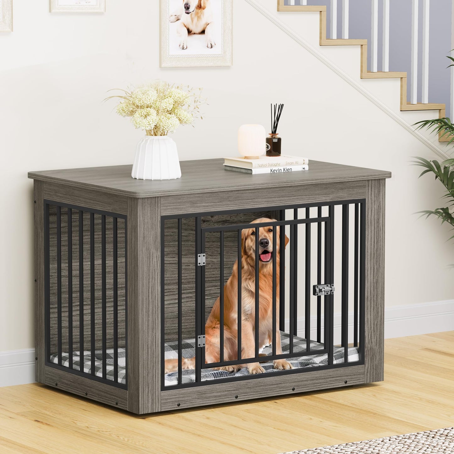 YITAHOME Dog Crate Furniture for Large Dogs, Side End Table, Modern Dogs Kennel Indoor up to 80 lb, 2-in-1 Iron-Wood Fusion Dog Cage with Waterproof Top, Safety Corners, Steel Lock,43" L,Greige