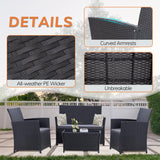 Seogwisam 4 Piece Patio Furniture Set, Outdoor Wicker Conversation Set, Rattan Sectional Sofa Couch with Glass Coffee Table & Thick Cushion for Backyard, Porch, Garden, Poolside, Black/Grey Seogwisam