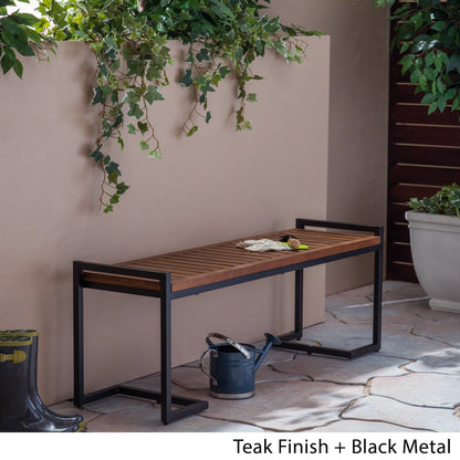 Christopher Knight Home Noel Outdoor Industrial Acacia Wood and Iron Bench, Teak Finish/Black Metal - WoodArtSupply