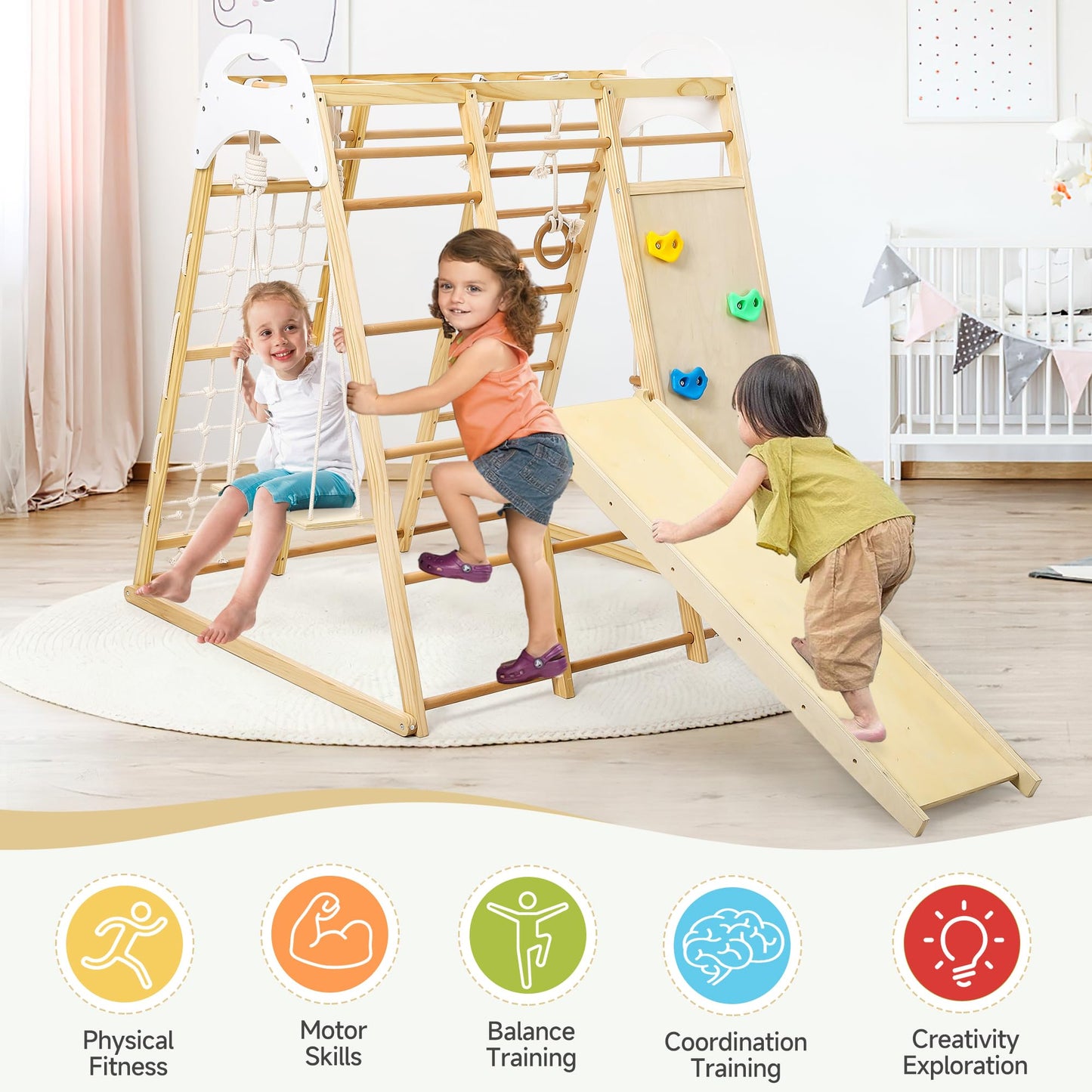 Wpond Indoor Jungle Gym, 8 in 1 Indoor Playground for Kids, Wooden Toddler Climbing Toys Indoor, Climbing Gym for Boys and Girls, Toddlers Wooden Climbing Gym for Age 3-8