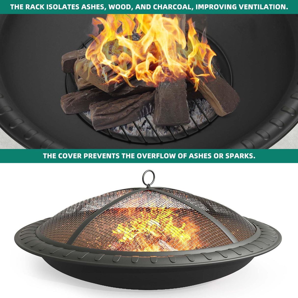 YITAHOME 30in Steel Replacement Fire Bowl with Round Spark Screen, Poker and Detachable Grate, Wood Burning Fire Pit Bowl for DIY or Existing Outdoor Patio Fire Pit YITAHOME