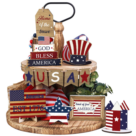 Augisteen 12 Pcs Patriotic Farmhouse Tiered Tray Decor Set 4th of July Tiered Decoration Wood Rustic Memorial Day Sign Red Wooden White Blue Table Tiered Decor for Independence Day Labor Home Decor Augisteen