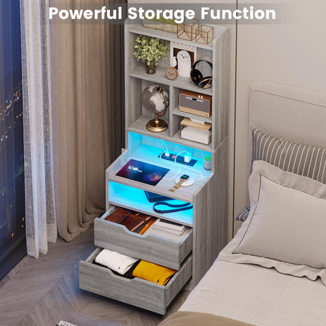BTHFST Grey Tall Nightstand Set of 2 with LED Lights and Charging Station BTHFST