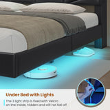 ADORNEVE King Size Floating Bed Frame with LED Lights, Storage Headboard, and Charging Station in PU Black ADORNEVE