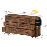 DWVO Farmhouse 6 Drawer Dresser for Bedroom, 60 Inch Large Modern Dresser TV Stand with Large Drawers & Bar Handles, Storage Dressers with Power Outlets, Rustic Wood Chest of Drawers, Rustic Brown DWVO