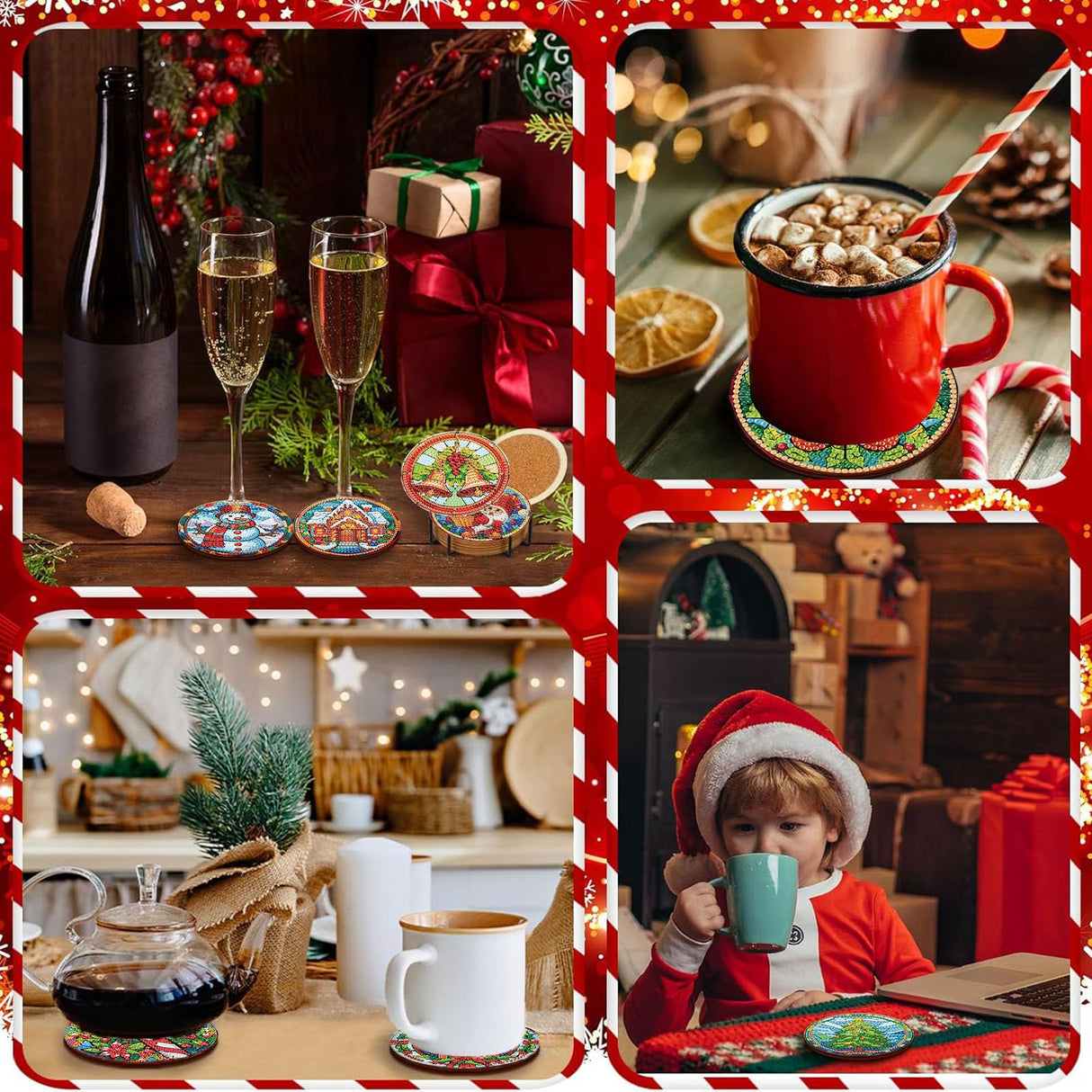 8 Pack Christmas Diamond Art Coasters Kit - Christmas Diamond Painting Coasters Kit Set with Holder Cork Pads, Diamond Art Kits for Adults Coaster, Gift for Handmade Lovers Non-Slip 3.9inch ajepon