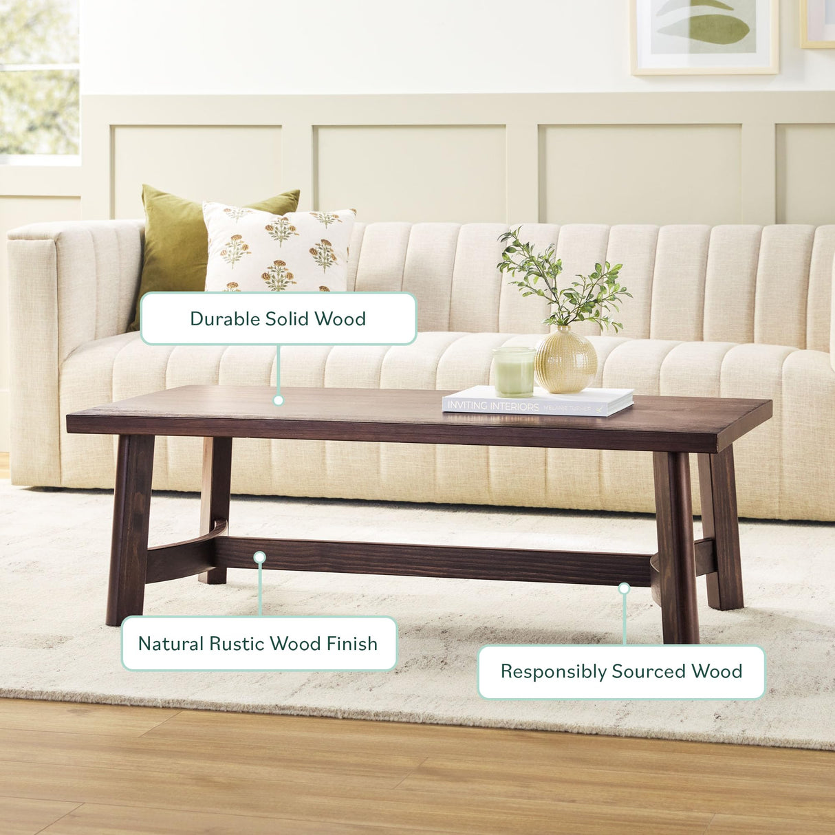 Walker Edison Colt Modern Farmhouse Solid Wood Rectangular Coffee Table, 48 Inch, Espresso Walker Edison