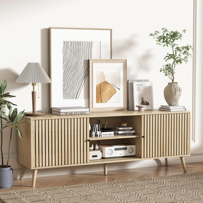 Fiogmub TV Stand for 55/65/70 Inch TV,Bamboo Entertainment Center with Natural Rattan Door, Large Long Boho Media TV Console with Open Shelves Living Room Bedroom