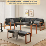 Grand patio Aluminum Patio Furniture Set, L Shaped Outdoor Sectional Sofa with Dining Table and Bench, Modern Outdoor Conversation Couch with Chaise, Faux Wood Grain Finish Grand patio