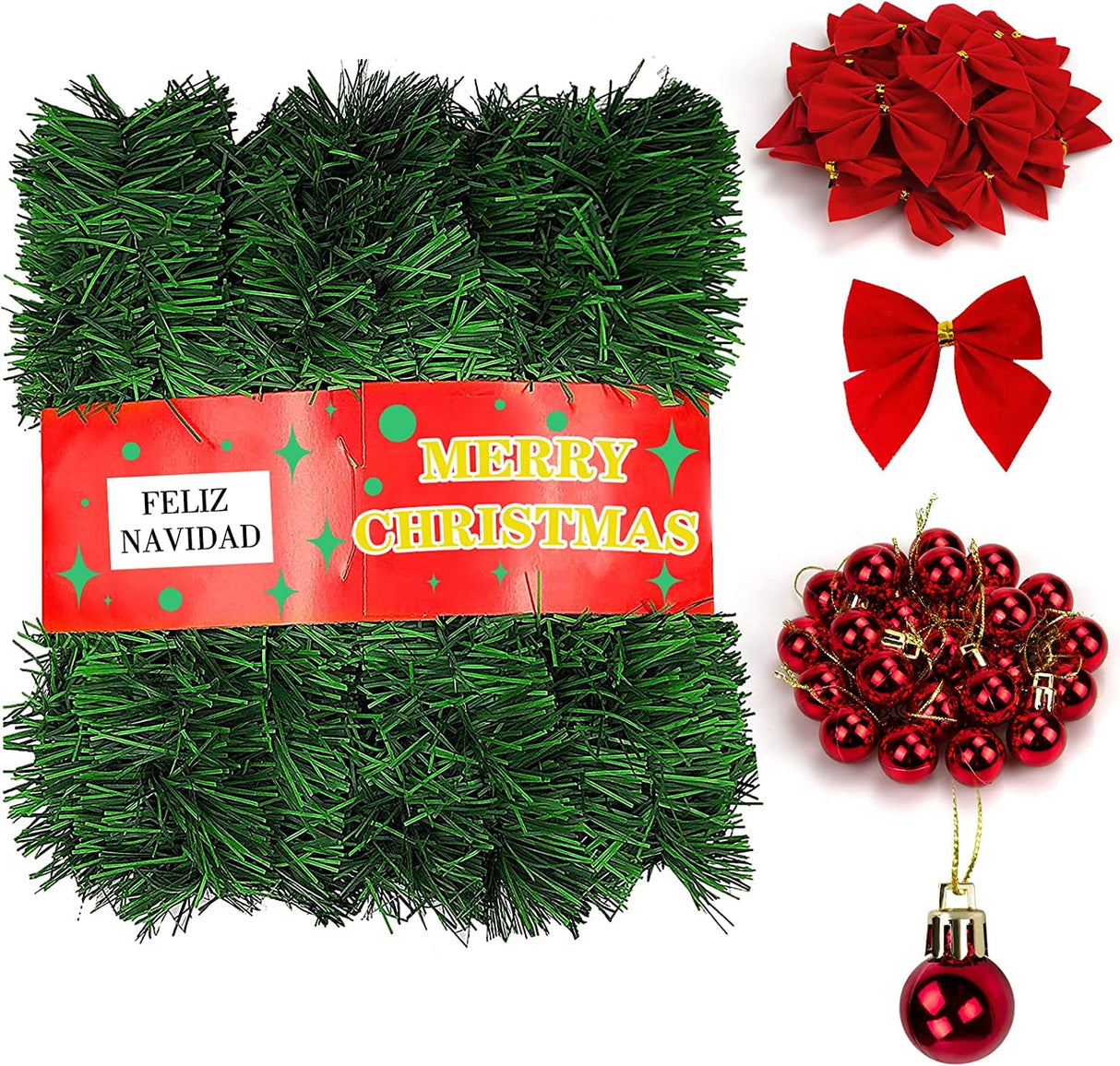 72Feet Christmas Garland, Icnice Garland Christmas Decorations with 36 Xmas Red Velvet Bow and 24Decor Ball, Artificial Pine Garland Xmas Tree Wreath Non-Lit Greenery Decoration for Home Wedding Party Icnice