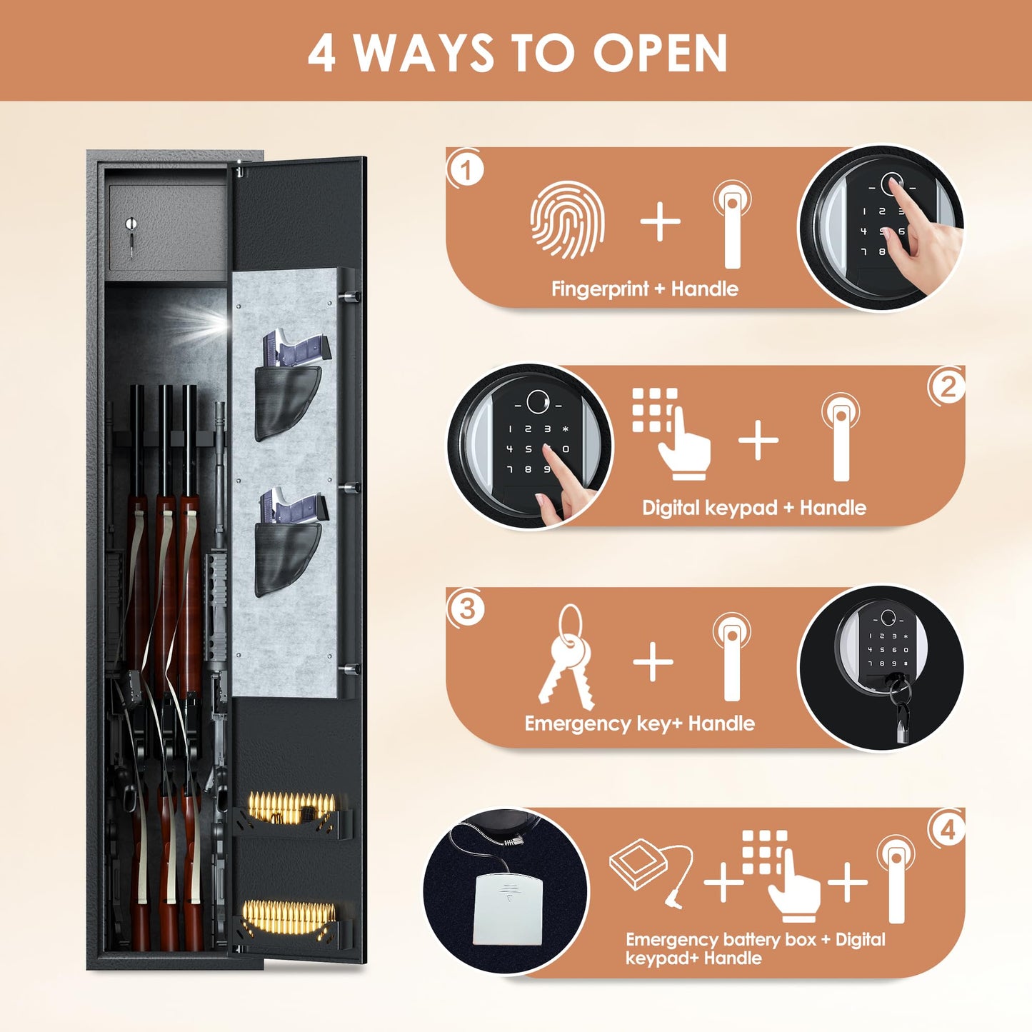 NICOMOW 5 Gun Fingerprint Safe for Household Rifles and Pistols Quick Biometric Gun Safe for Rifles and Shotguns Long Gun Cabinet with Adjustable Gun Stock and Cartridge Box,Built-in Valuables Safe