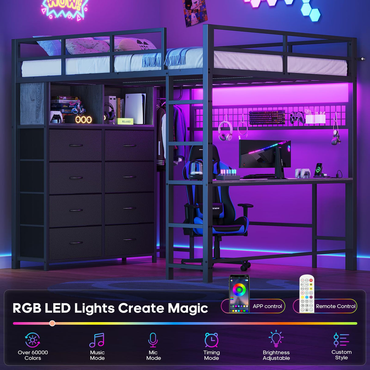 ADORNEVE Loft Bed Full Size with Desk and 8 Storage Drawers, LED Metal Loft Bed with Power Outlet, 2 Shelves & Clothing Rack, Bed with Safety Guardrail & Ladder,Space-Saving, Grey ADORNEVE