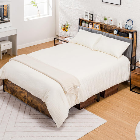 COMHOMA Platform Bed Frame with LED Lights and Charging Station, Storage Headboard and Footboard Drawers, No Box Spring Needed, Rustic Wood Look (Queen) COMHOMA