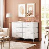 WLIVE Wide Dresser with 6 Drawers, TV Stand for 50" TV, Entertainment Center with Metal Frame, Wooden Top, Fabric Storage Dresser for Bedroom, Hallway, Entryway, White WLIVE