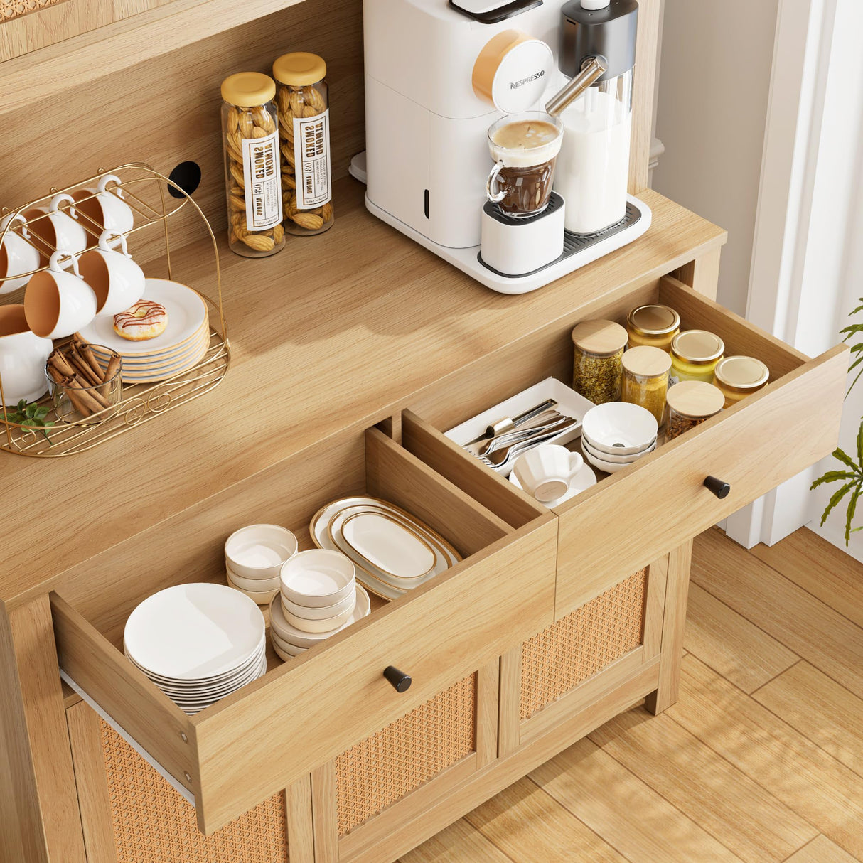 finetones 71" Tall Kitchen Pantry Cabinet, Kitchen Cabinet Hutch Cabinet with Rattan Doors and Microwave Stand, Rattan Kitchen Hutch Food Pantry Cabinet with Drawers & Shelves for Kitchen, Walnut finetones