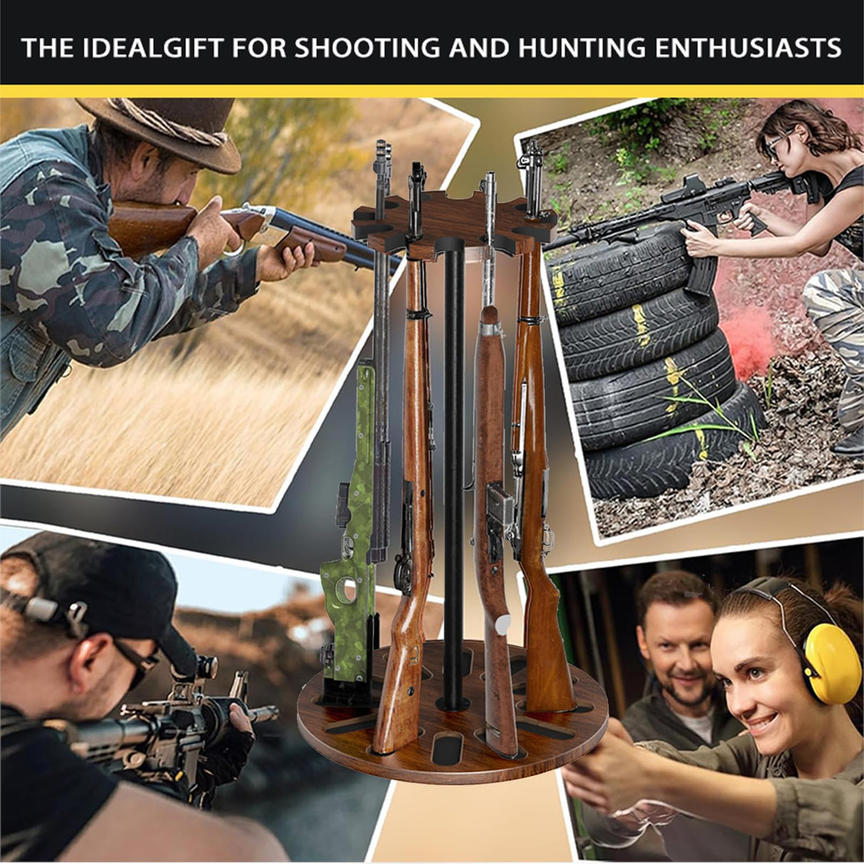 Yoimori Indoor Gun Racks, Rotating Gun Rifle Rack Stand, Heavy Solid Wood Gun Storage-Holds up to 12 Guns Display Brown Yoimori