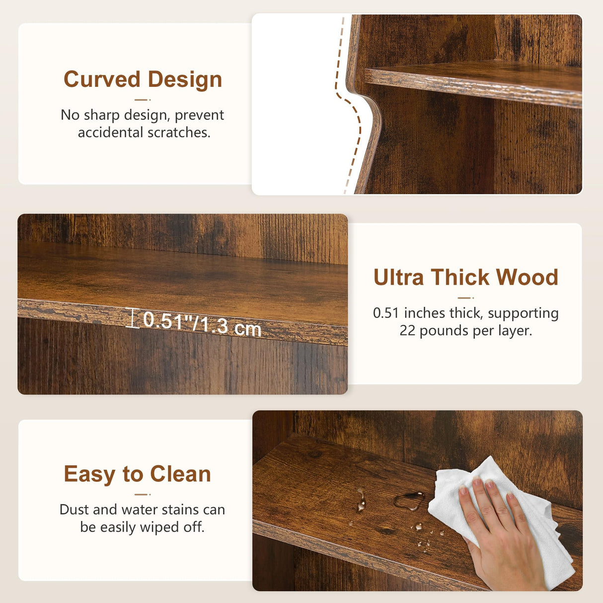 Hoctieon 5-Tier Open Bookcase and Bookshelf with LED Light, Floor Standing Display Storage Shelves, Wood Modern Display Organizer for Home Office, Living Room, Bedroom, Study, Rustic Brown Hoctieon