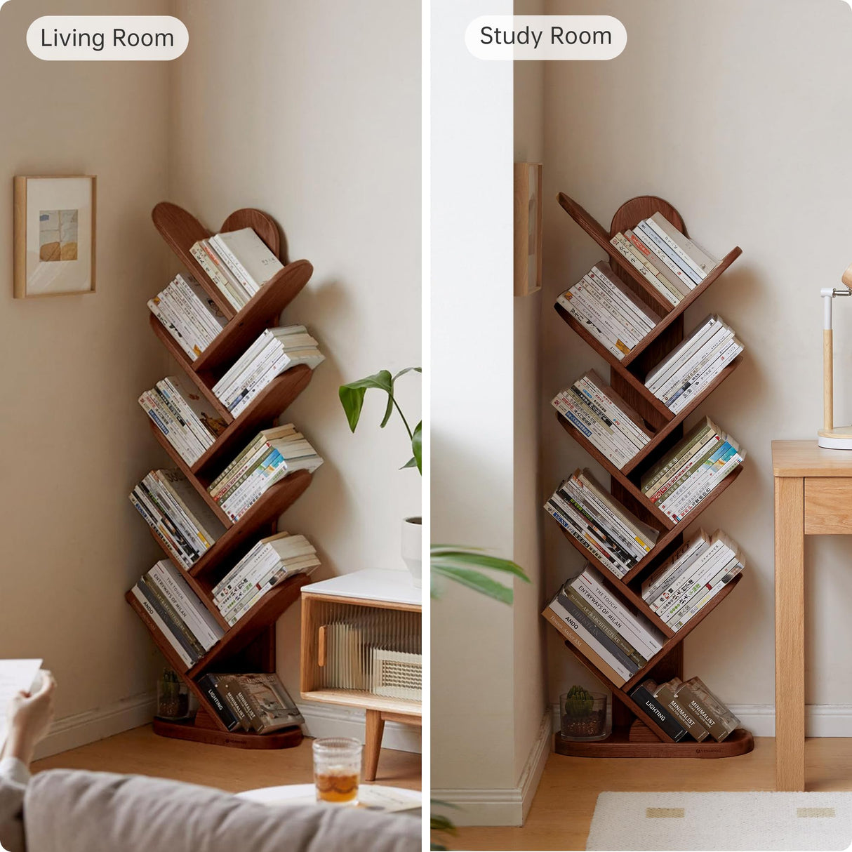 Wayshome 10 Tiers Bookshelf, Standing Tree Bookshelf, Creative Multi-Layer Bookcase, Standing Bookcase Rack Book Storage Organizer Shelves for Study, Bedroom, Office Walnut Wayshome