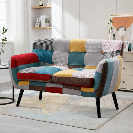 Bonzy Home Modern Boho Loveseat Couch Sofa Chair for Living Room Bedroom, Upholstered Colorful Plaid Fabric 2-Seat Love Seat Sofa with Wood Leg for Small Space, One Loveseat Bonzy Home