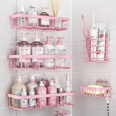 Liuoud 5 Pack Shower Caddy Organizer Rack Shelf for Inside Shower, Adhesive Bathroom Wall Storage Basket Rustproof Stainless Steel Shampoo Holder, Girly Bathroom Accessory Decor Set, Pink Liuoud
