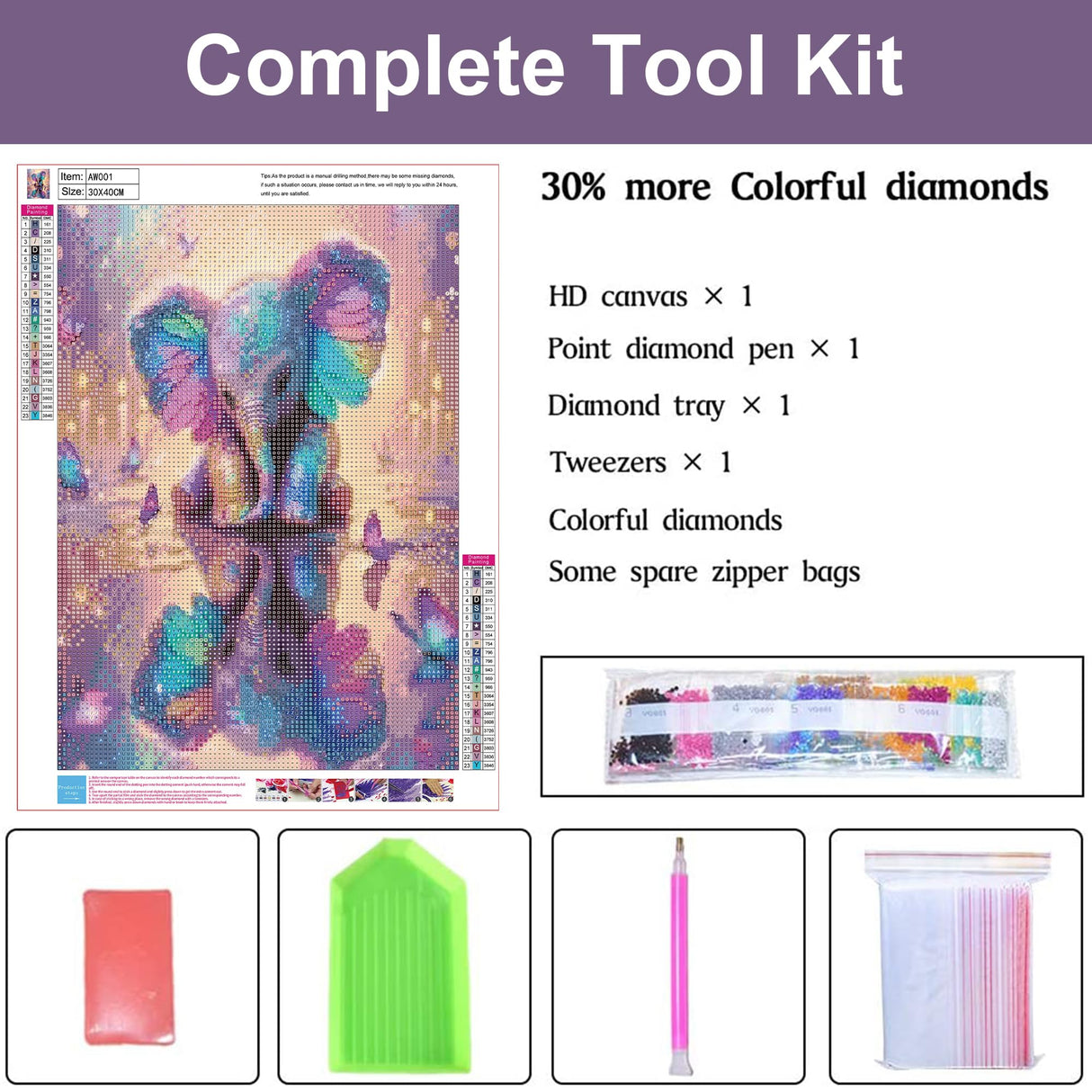 ARVINKEY DIY 5D Diamond Painting Kit, Full Drill Paint by Numbers Embroidery Cross Stitch Arts Craft Canvas, Elephant Rhinestone Crystal Drawing Gift for Adults Kids, 16"X12" ARVINKEY