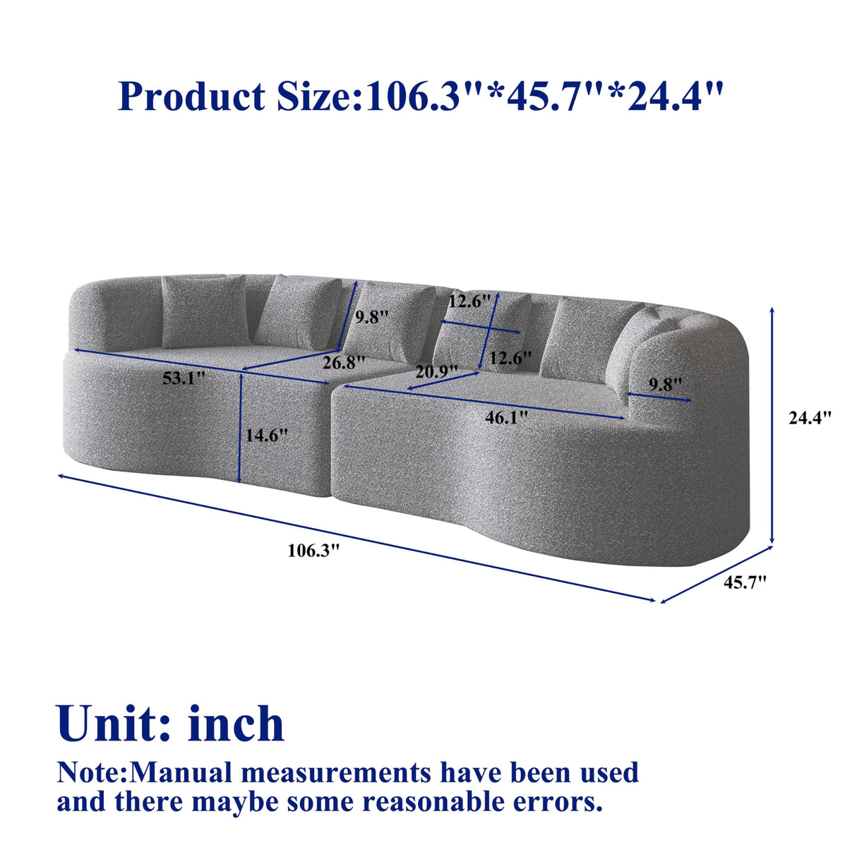 KEIKI 106.3" Curved Sectional Sofa, Oversized Cloud Couch with 6 Pillows, Deep Seat Sofa for Living Room, Guest, Bedroom, No Assembly Required, Light Khaki KEIKI