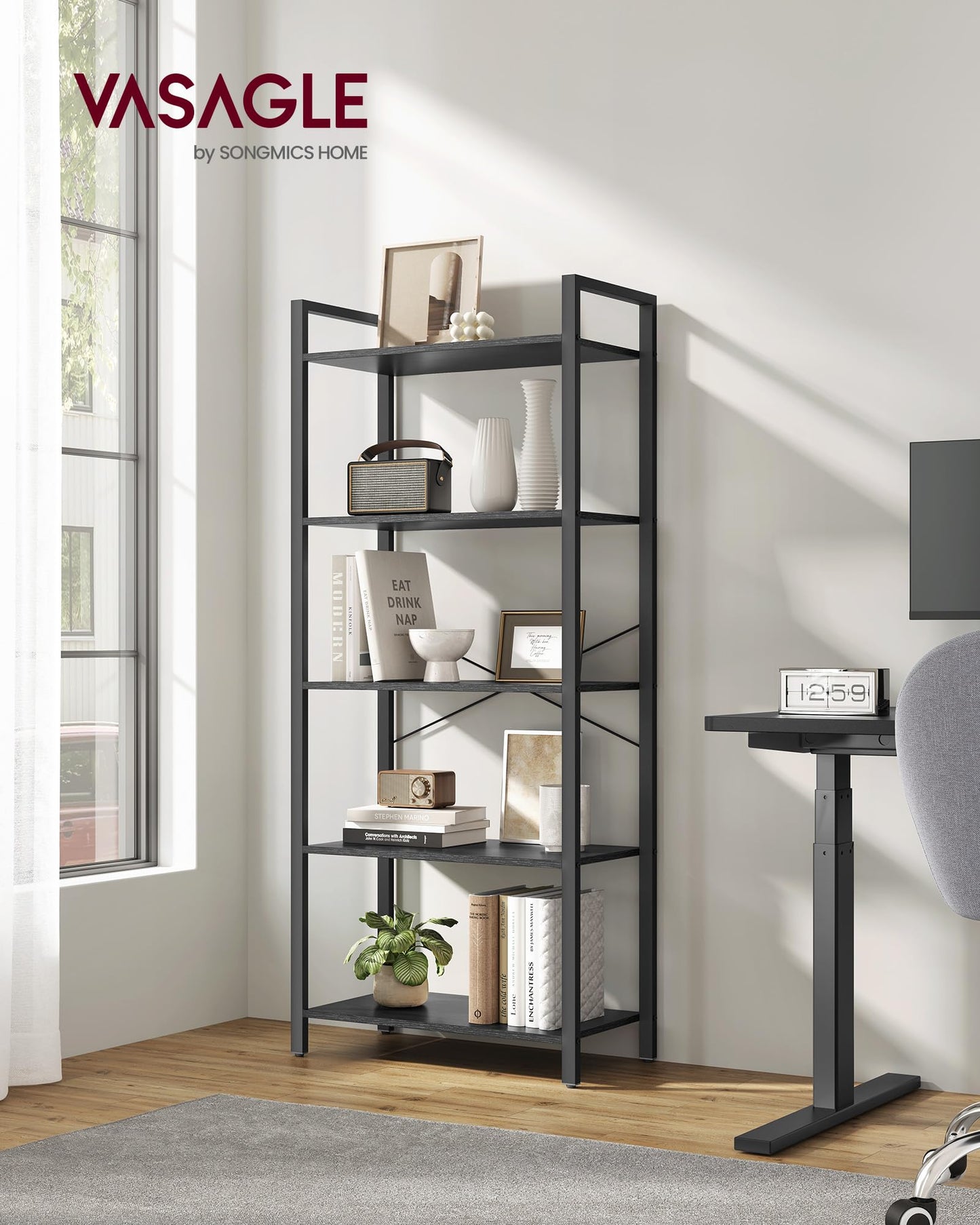 VASAGLE Industrial 5-Tier Bookshelf with Steel Frame in Ebony Black - WoodArtSupply