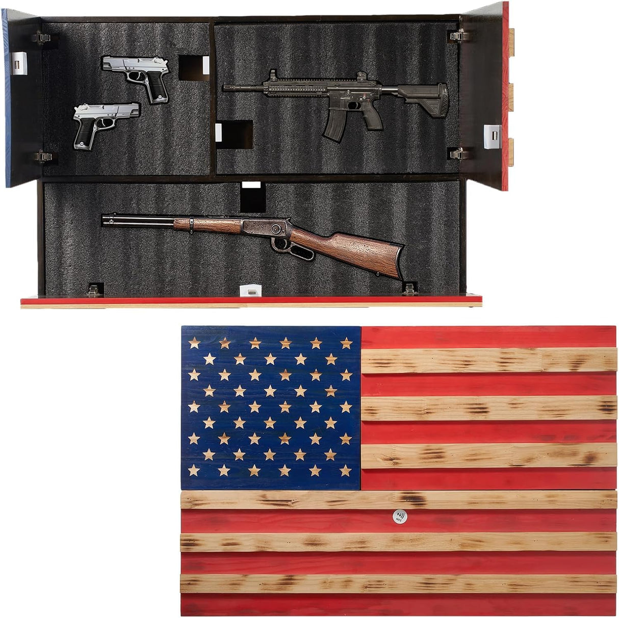 GUTE Tactical Rustic Hidden American Flag Gun Storage with Trap Door, Wall Storage | 35" x 22.5" | Firearm, Magazine and Knives Storage Easy Installation | Secure & Safe Compartment | RFID Wall Rack GUTE