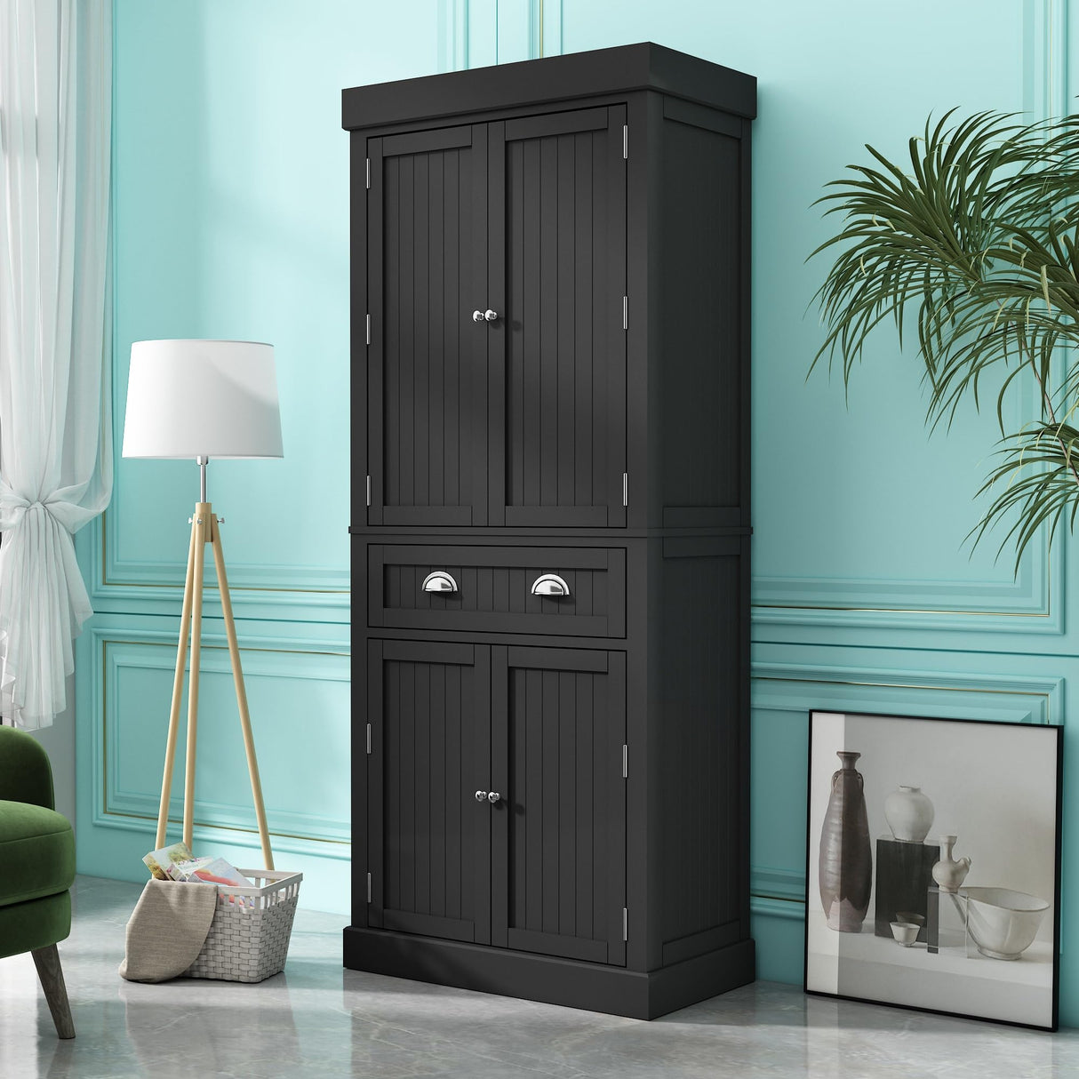 Squireewo 72" Freestanding Kitchen Pantry Storage Cabinet with Doors and 6 Hanging Shelves,Storage Cupboard with Large Drawer for Kitchen,Bathroom or Hallway,Black Squireewo