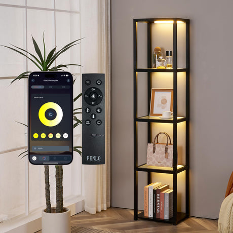 FENLO LED Glass Display Cabinet – Dimmable Lighted Furniture for Bedroom, Living Room, or Office – Glass Curio Cabinet Shelf Lamp with App + Remote Control + Adjustable Lighting Fantasy Lite FENLO