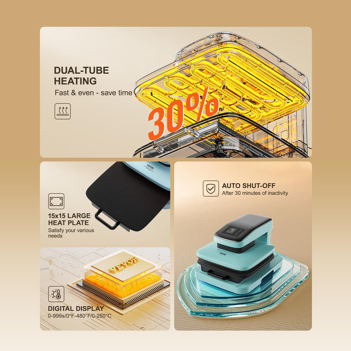 VEVOR 2 in 1 Auto 15x15 Heat Press Machine with 30oz Tumbler Press, Heat Up Fast & Even - Tshirt Press Machine for T Shirt, Pillow, Bag, Pad, Hoodie, Tumblers Glass Cans Mugs VEVOR