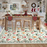 LIVEBOX Machine Washable Christmas Area Rug 5x7 - Moroccan Rug Thin Non-Slip Christmas Rugs for Living Room Bedroom,Large Neutral Low-Pile Green Rugs for Dining Room Office, Beige/Green LIVEBOX