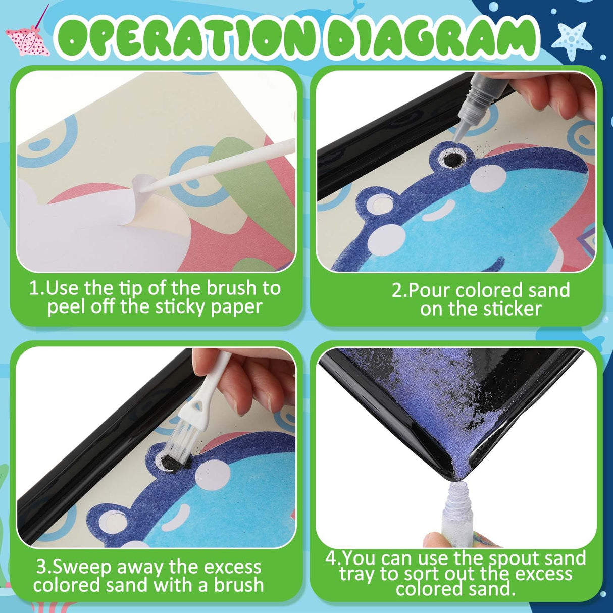 Tenceur 119 Pcs Kids' Sand Art Kits Сolor Sand Art Pictures Peel and Stick 12 Color 32 Pcs Sand Painting Board 2 Sand Painting Tray 2 Brush 24 Bottles for Kids Tenceur