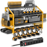 LBT Power Tool Organizer With Charging Station,Patented,Heavy Duty Steel,6 Drilling Rig Sizes With Hooks And Screw Boxes,6 sockets,Easy To Install Garage Storage Rack,Great Gift For Men, Yellow LBT