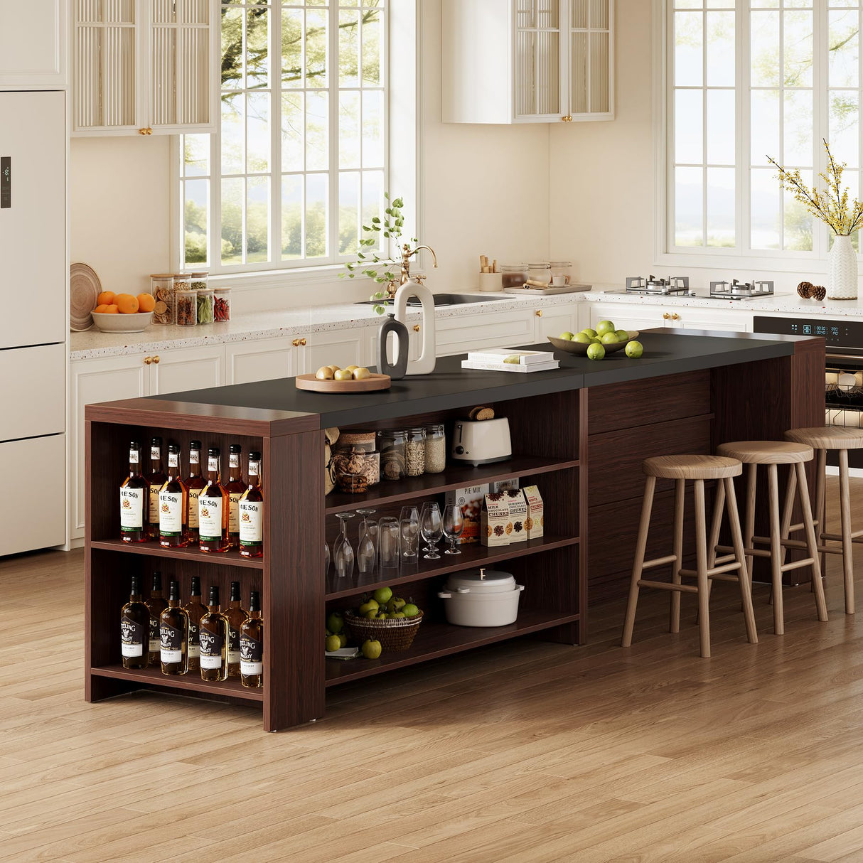 LITTLE TREE 55 Inches Modern Wooden Kitchen Island with Large Worktop & Leg Room, 4-Tier Storage Cabinet for Dining Room, Coffee Bar Table Cabinet for Living Room LITTLE TREE