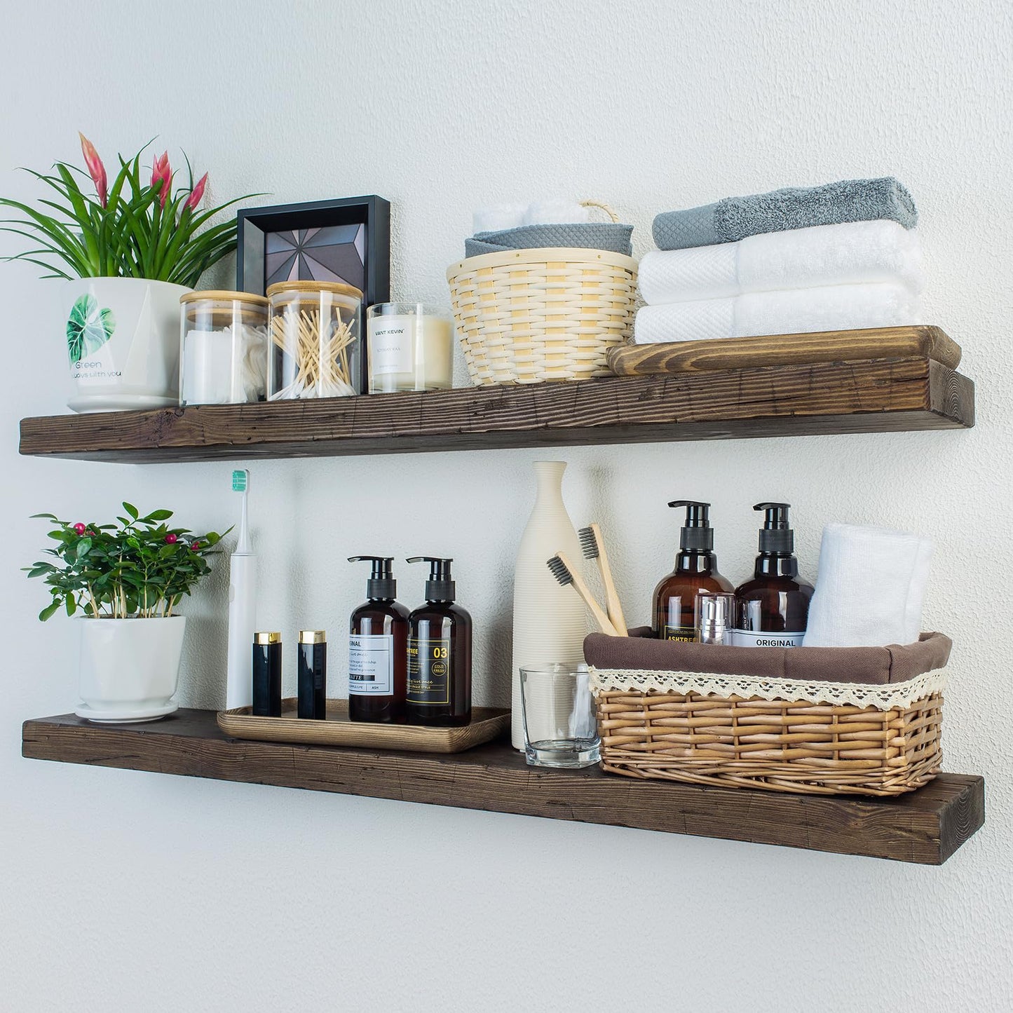 XWNE Wood Floating Shelves,48 inch Rustic Wood Wall Shelves for Bathroom Living Room Bedroom Kitchen Farmhouse Laundry Room Set of 2,Handmade-Thickened Wall Shelf (Distressed Walnut, 48''x8''x1.5'')