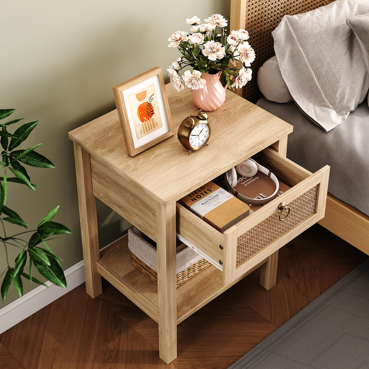 Jocoevol Rattan Boho Nightstand (Natural, 2 Pieces) Jocoevol