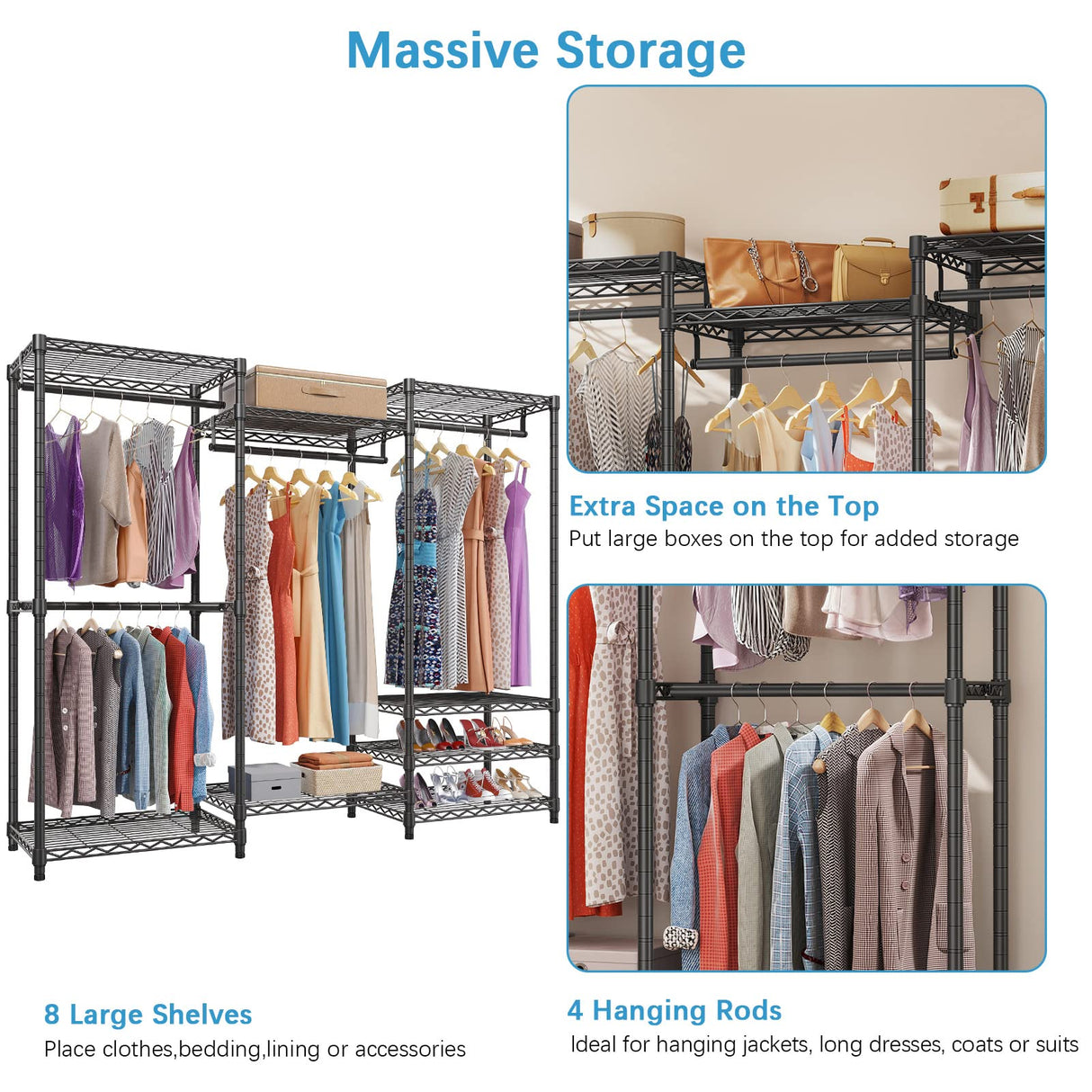 VIPEK V5 Portable Closet Wardrobe Heavy Duty Clothes Rack, Freestanding Clothing Rack with 4 Hang Rods & 8 Shelves, Adjustable Closet Rack, 68.9" L x 15.7" W x 76.4" H, Max Load 890LBS, Black VIPEK