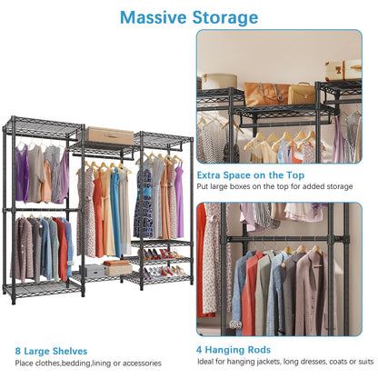 VIPEK V5 Portable Closet Wardrobe Heavy Duty Clothes Rack, Freestanding Clothing Rack with 4 Hang Rods & 8 Shelves, Adjustable Closet Rack, 68.9" L x 15.7" W x 76.4" H, Max Load 890LBS, Black - WoodArtSupply