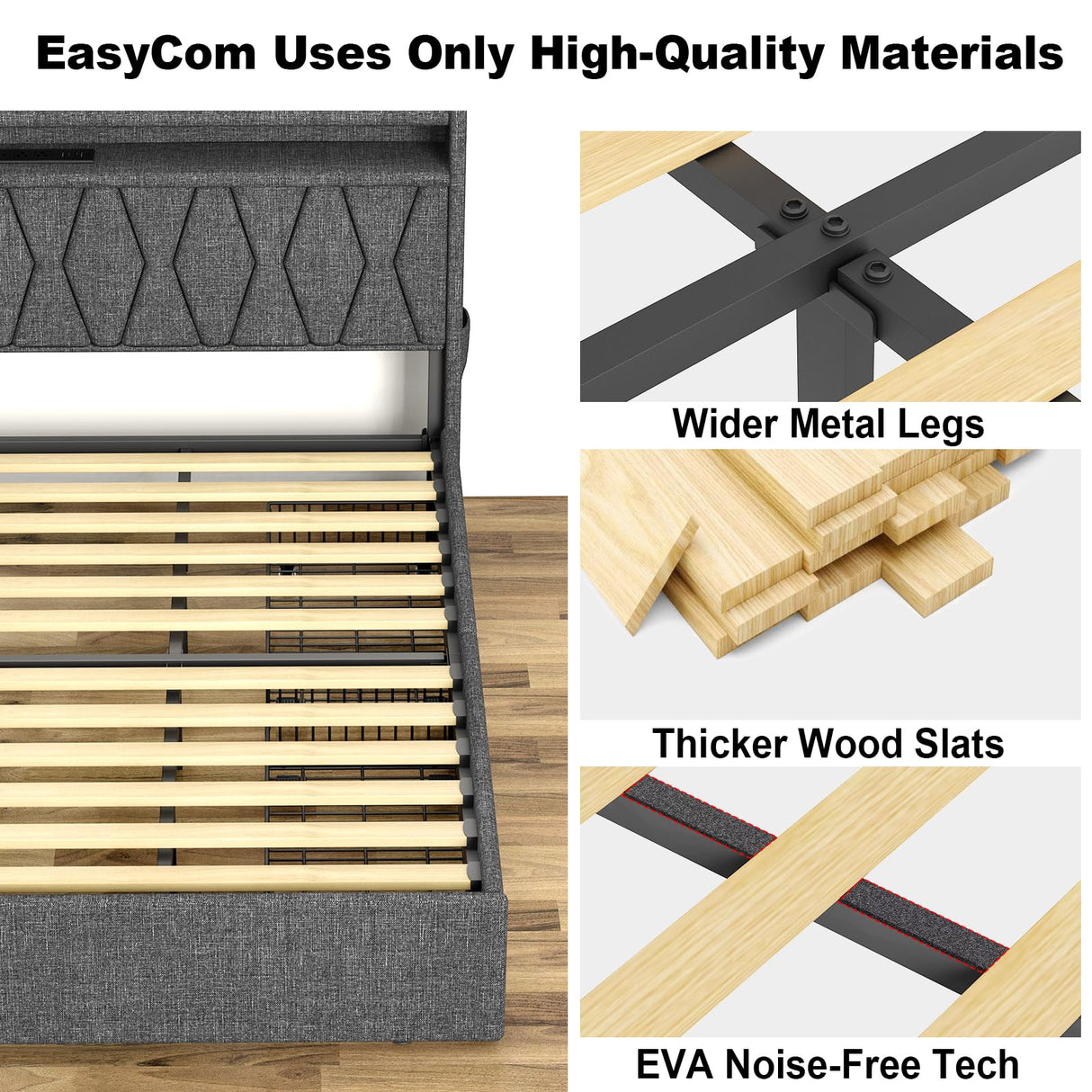King Size Bed Frame and 2-Tier Headboard, Upholstered Led Bed Frame with 4 Storage Drawers, Led Light and Charging Station, Wooden Slats Support, No Box Spring Needed, NO Noise, Easy Assembly EasyCom